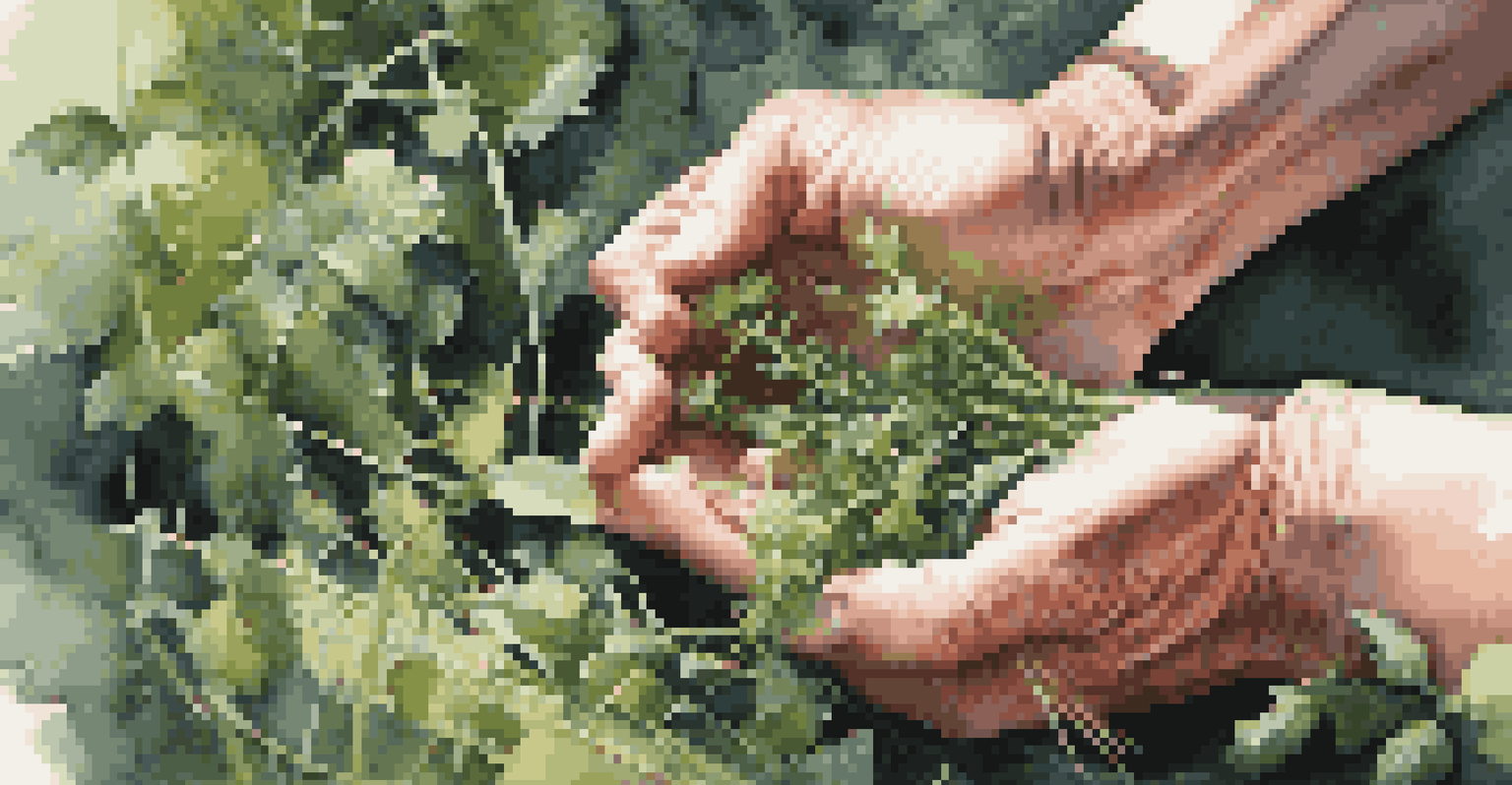 A close-up of hands using scissors to harvest wild herbs in a green setting, emphasizing careful and sustainable foraging.