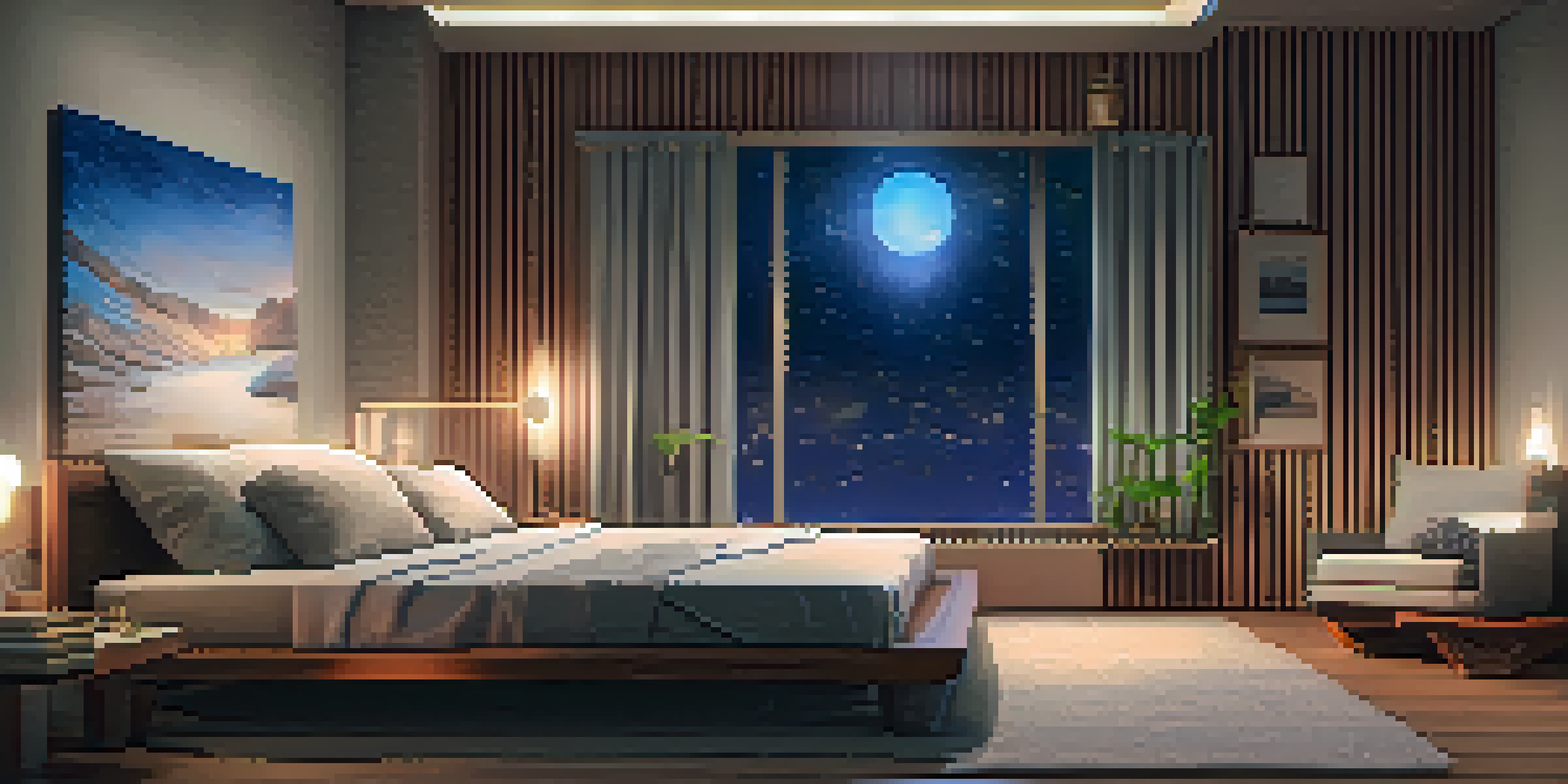 A cozy bedroom with soft lighting, a comfortable bed, soothing music, and incense for relaxation.