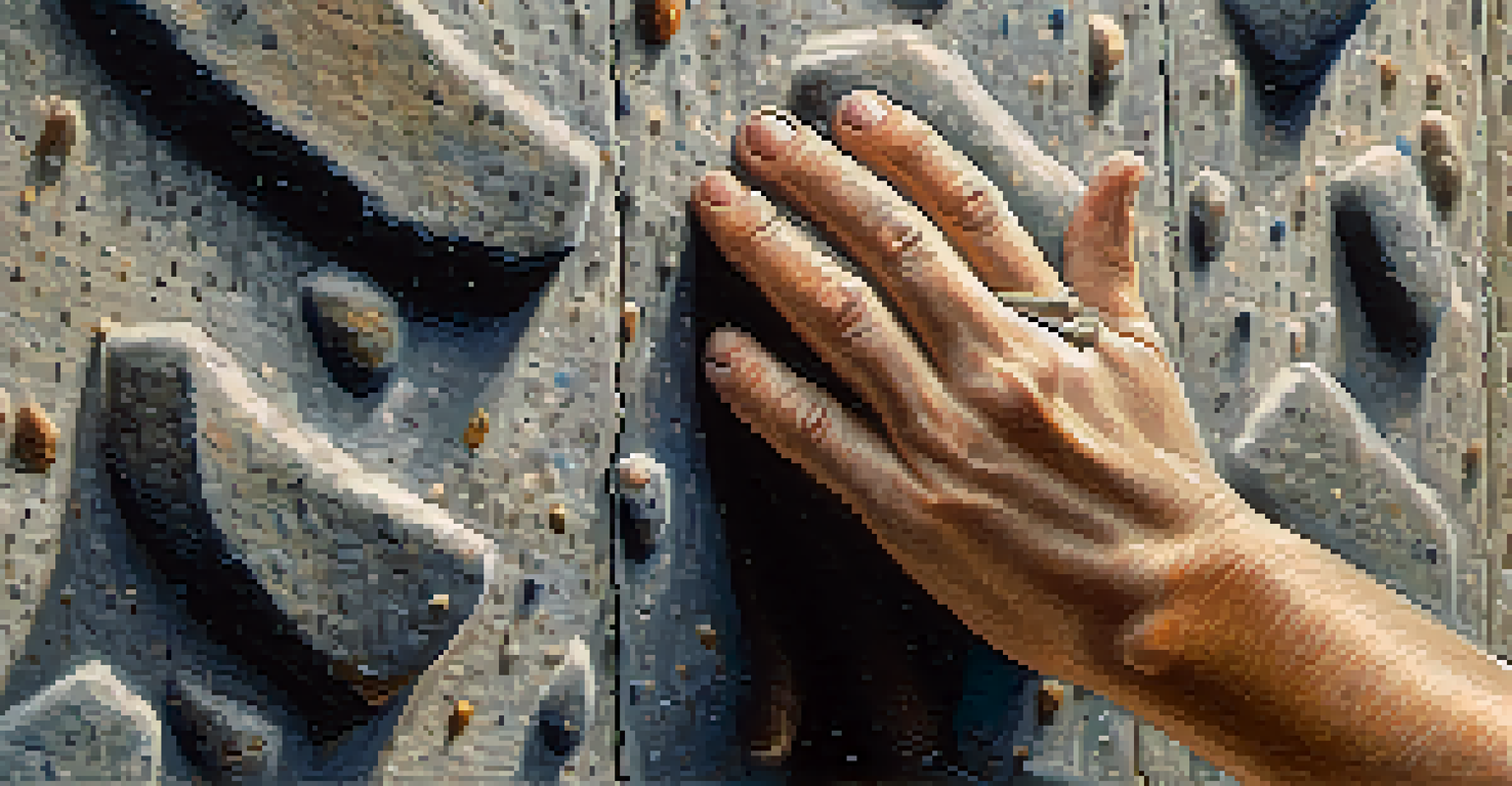 A close-up of a climber's hands gripping climbing holds, with chalk dust floating in the air.
