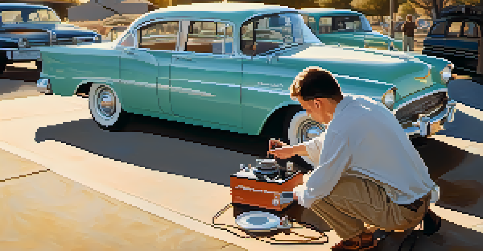 A vintage car enthusiast taking photos of their car restoration, surrounded by warm golden hour light.