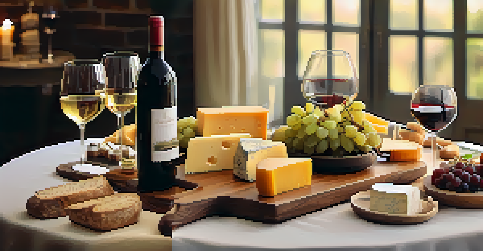 A beautifully arranged table for a wine tasting featuring a menu, cheese board, and wine bottles, all illuminated by soft candlelight.