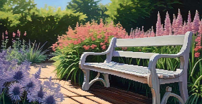 A colorful garden filled with lavender and echinacea flowers, illuminated by the afternoon sun, with a rustic wooden bench in the middle.