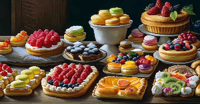 A close-up of a pastry display showcasing various colorful pastries including fruit tarts and macarons on a rustic wooden table.