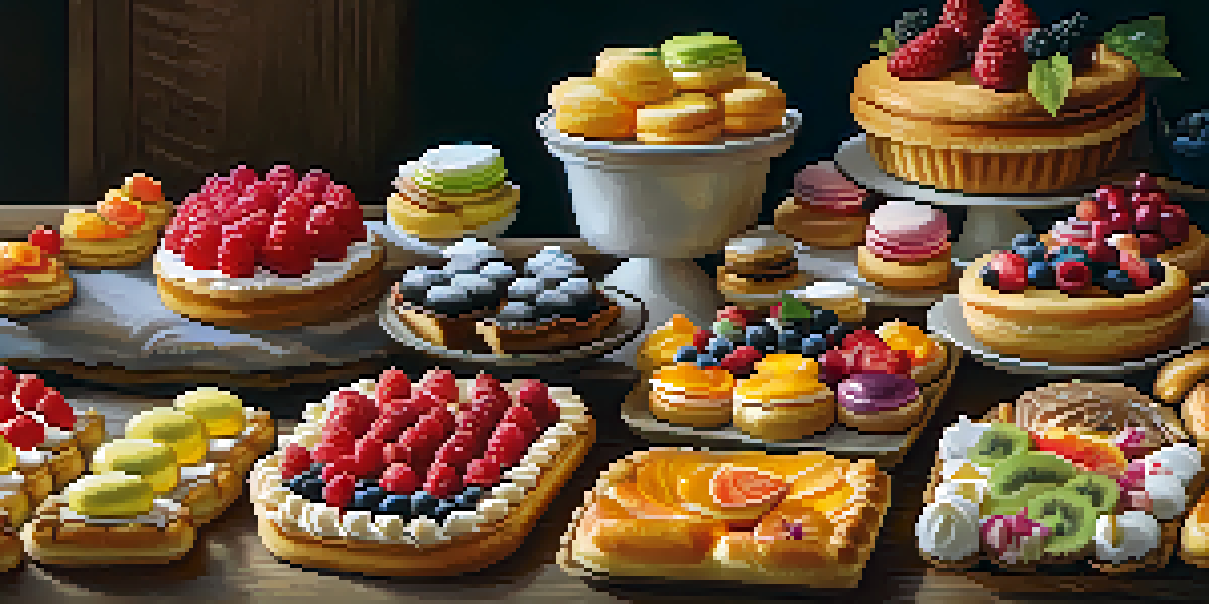 A close-up of a pastry display showcasing various colorful pastries including fruit tarts and macarons on a rustic wooden table.