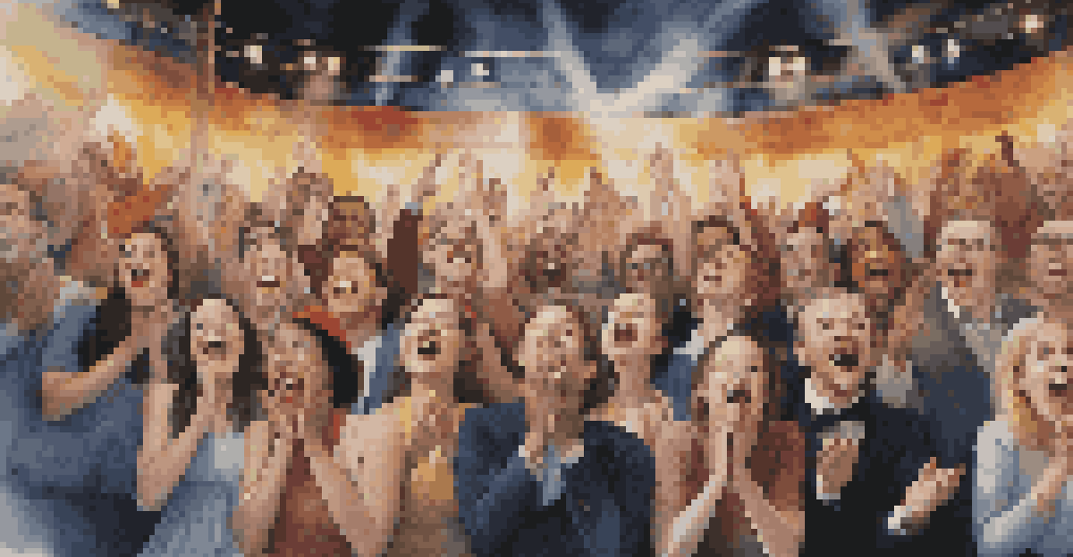 An audience laughing and gasping during a magic show, with expressions of joy and surprise, against a vividly lit stage.