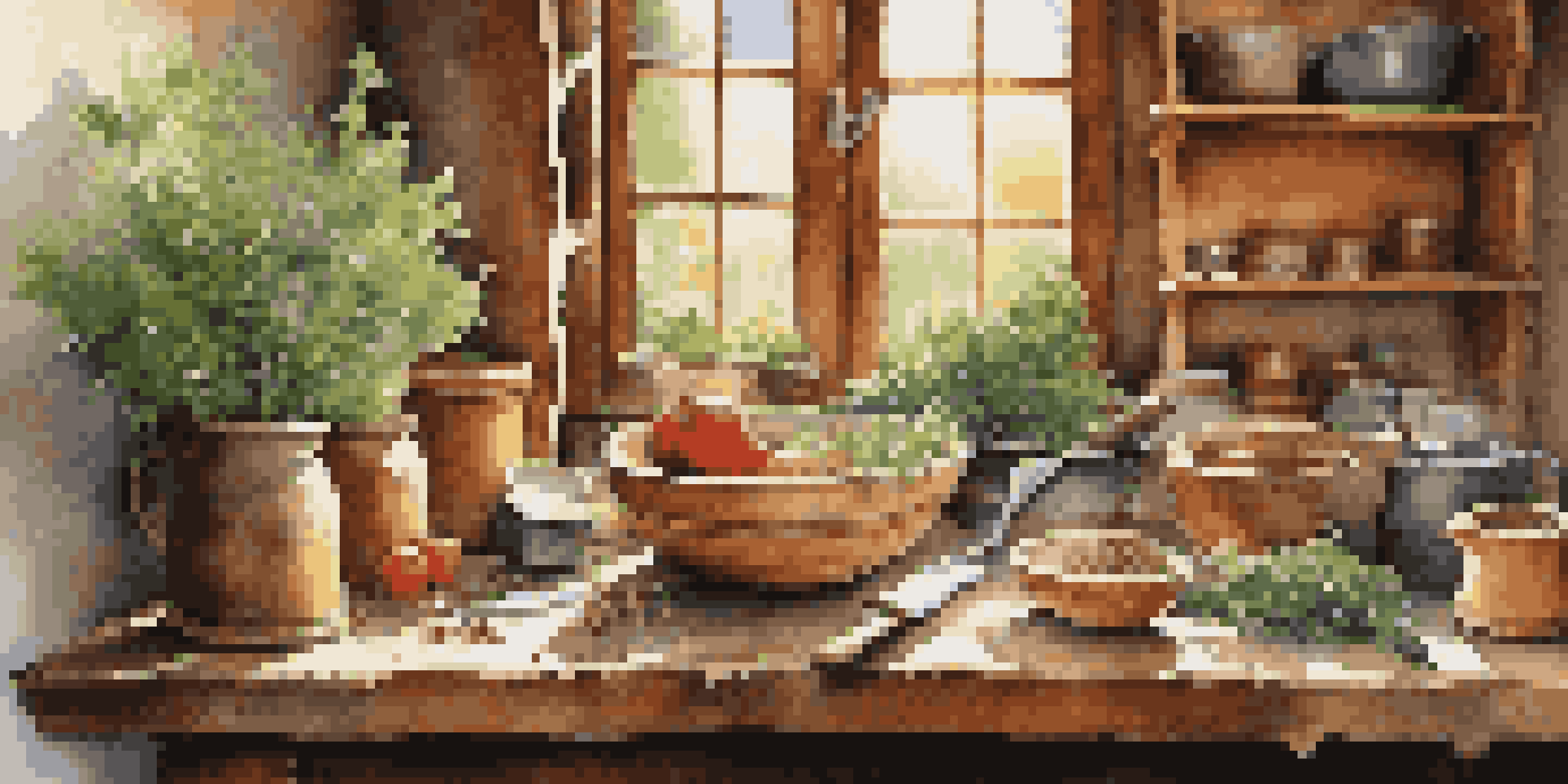 A rustic kitchen with historical cooking tools including a hand-forged knife, mortar and pestle, and wooden butter churn on a wooden table, illuminated by sunlight.