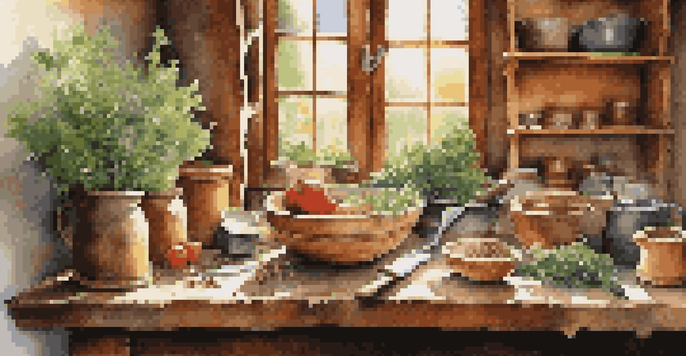 A rustic kitchen with historical cooking tools including a hand-forged knife, mortar and pestle, and wooden butter churn on a wooden table, illuminated by sunlight.