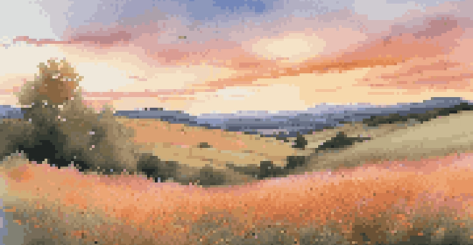 A serene landscape at sunset with rolling hills, warm light, and a field of colorful wildflowers.