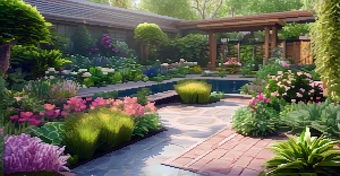 A computer screen displaying a colorful virtual garden design with various plants and garden features.