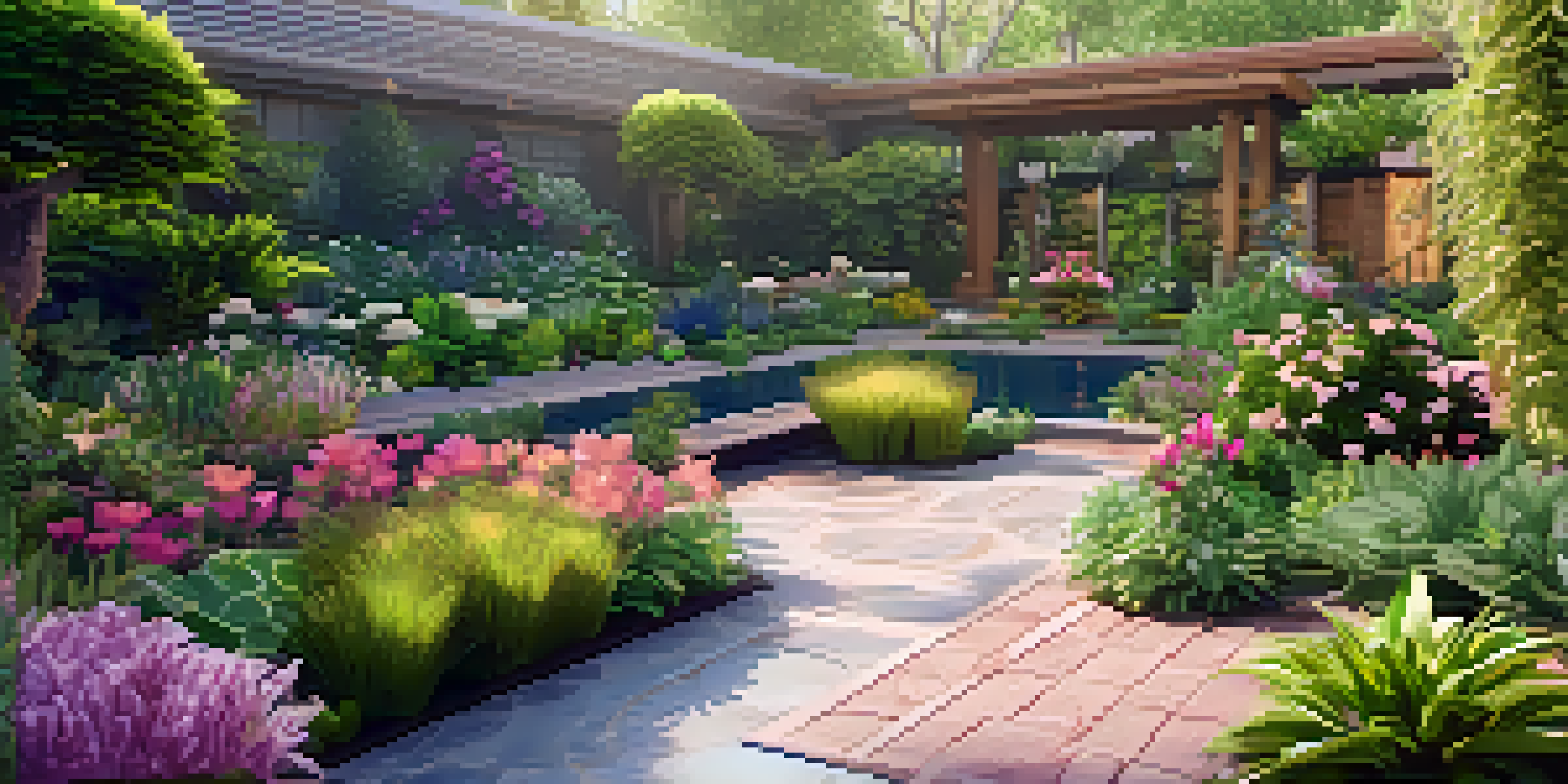 A computer screen displaying a colorful virtual garden design with various plants and garden features.