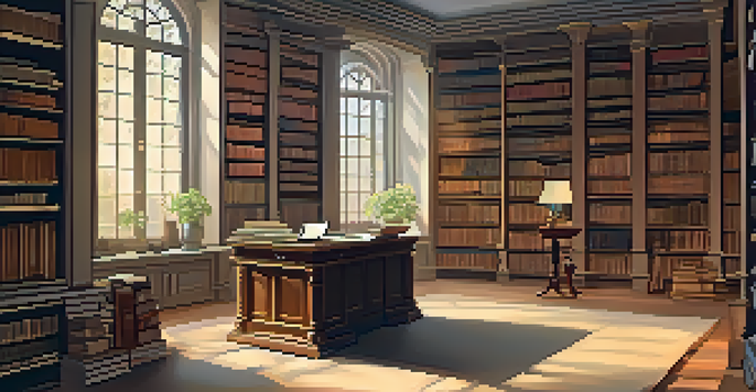 A cozy library with a wooden table covered in genealogy materials, illuminated by soft light from a window.