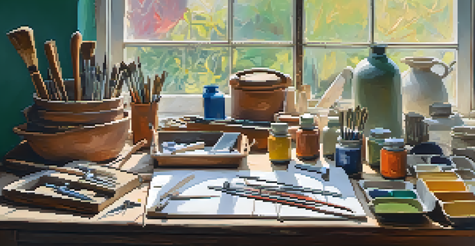 An artist's workspace with a wooden table, sculpting tools, and colorful air-dry clay, illuminated by natural light from a window.