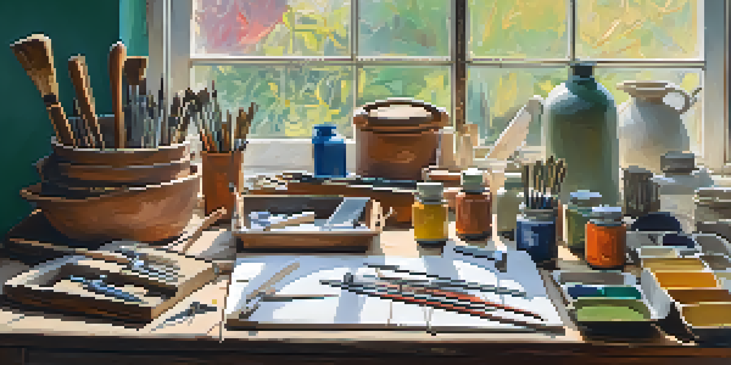An artist's workspace with a wooden table, sculpting tools, and colorful air-dry clay, illuminated by natural light from a window.