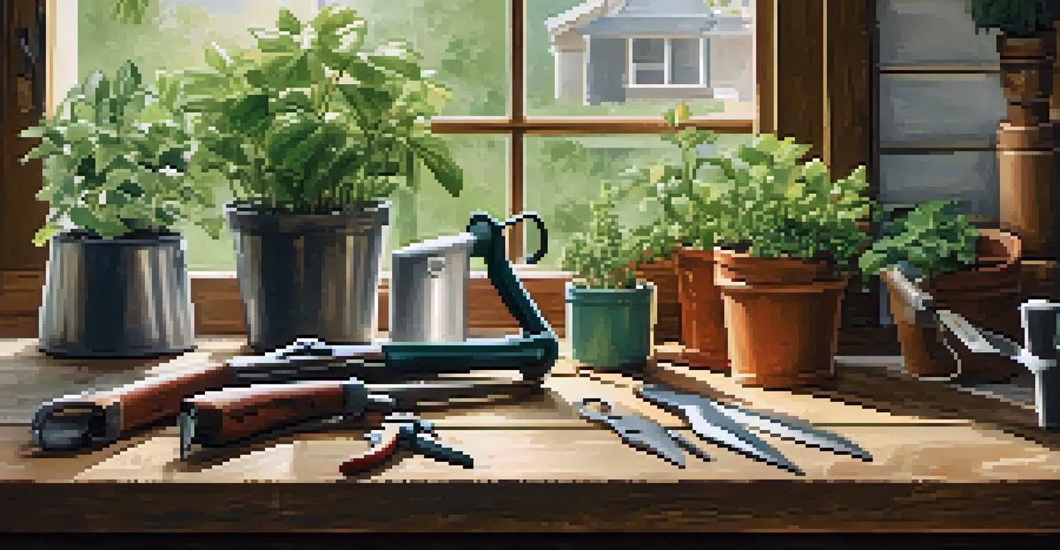 An organized indoor gardening workspace with tools and potted plants on a wooden table.