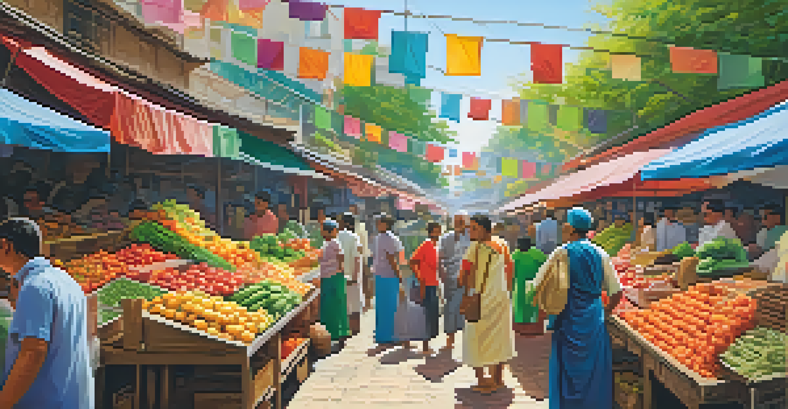 A busy market scene with colorful stalls of fresh produce and shoppers engaging with sellers.