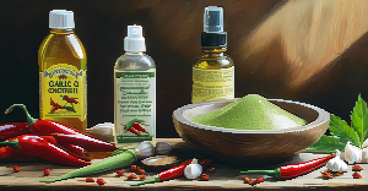 An assortment of natural pest control remedies including neem oil, soap solution, and garlic and chili pepper mixture on a wooden table.