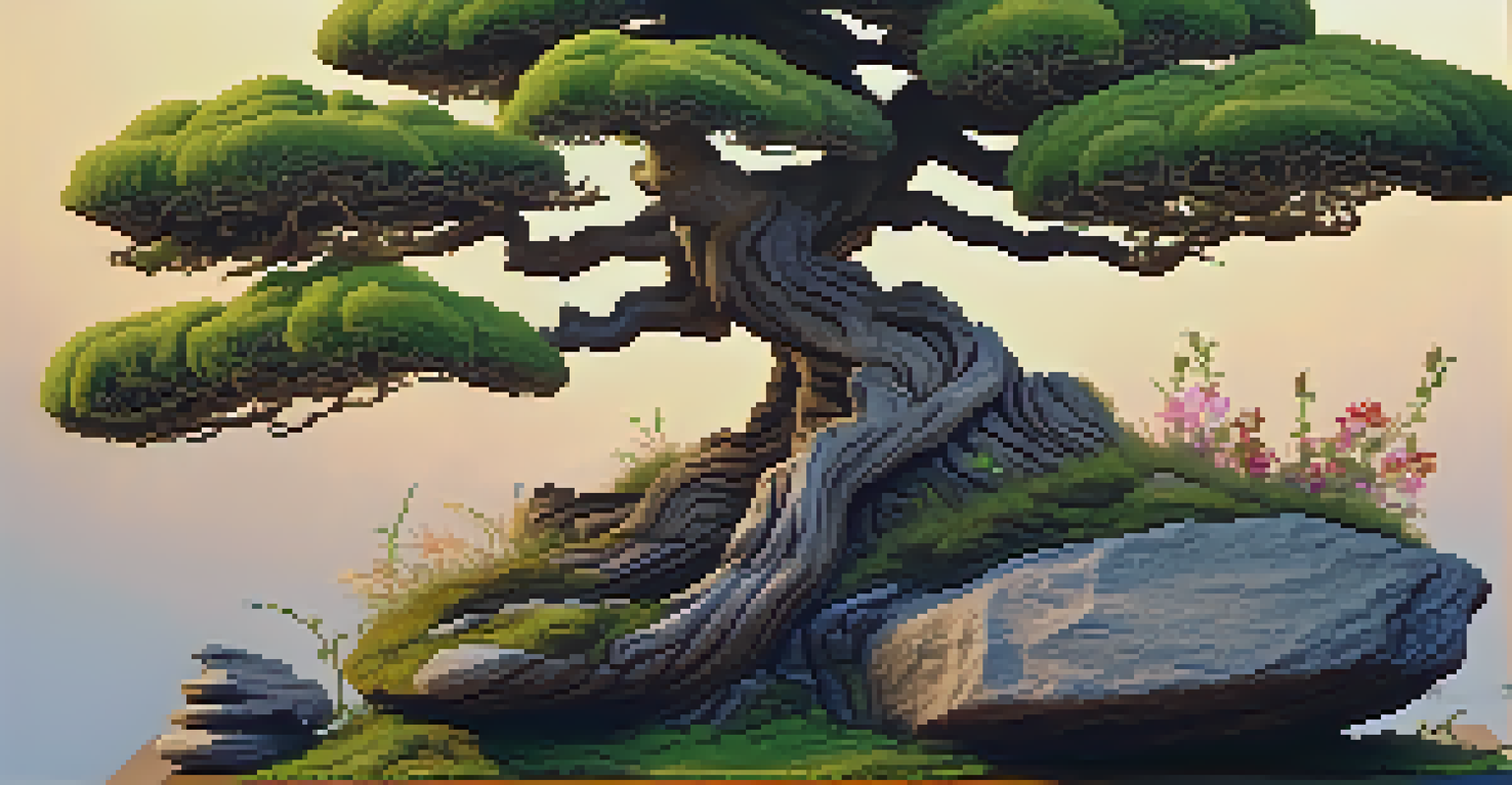 An intricately designed bonsai with a twisted tree and layered rocks, accented by moss and wildflowers in warm golden light.
