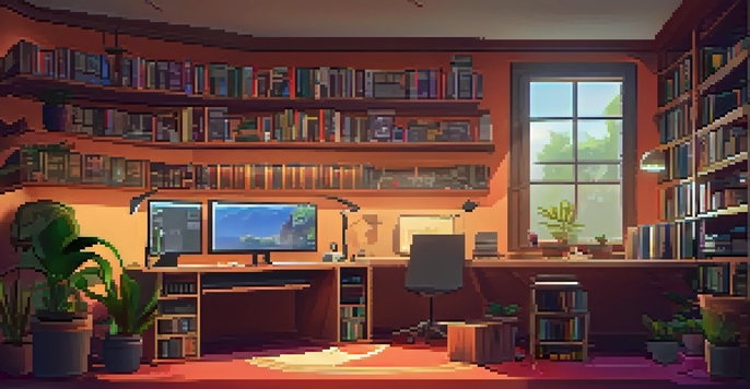 A warm and inviting game development workspace with a computer setup, multiple monitors, gaming memorabilia, and a potted plant.