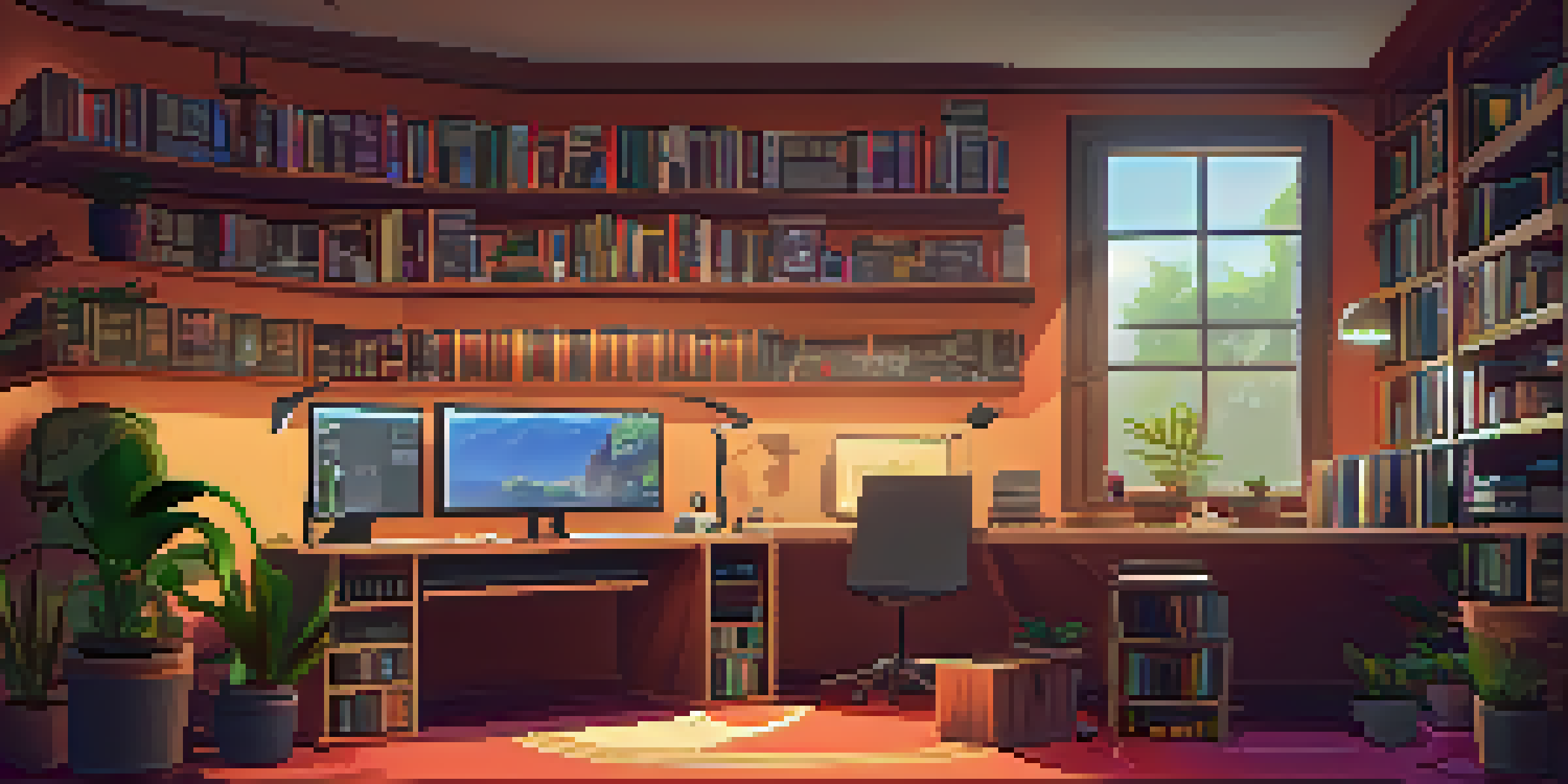 A warm and inviting game development workspace with a computer setup, multiple monitors, gaming memorabilia, and a potted plant.
