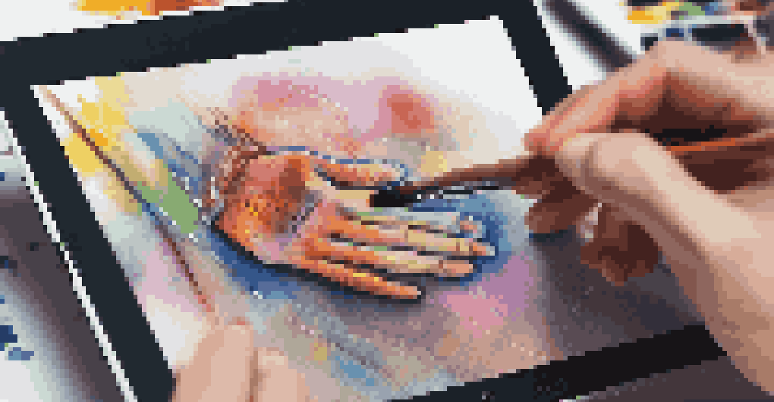 A close-up of a hand drawing on a tablet with colorful artwork displayed.
