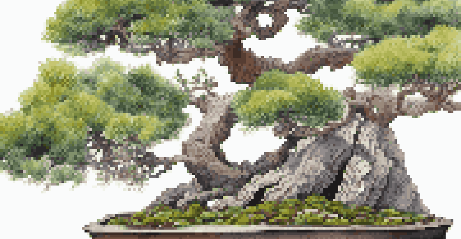 A Juniper bonsai in an outdoor garden, surrounded by blooming flowers and under a clear blue sky.
