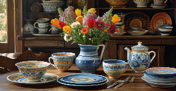 A decorative table setting with colorful ceramics, including a flower vase and artistic plates, in a warmly lit rustic dining room.