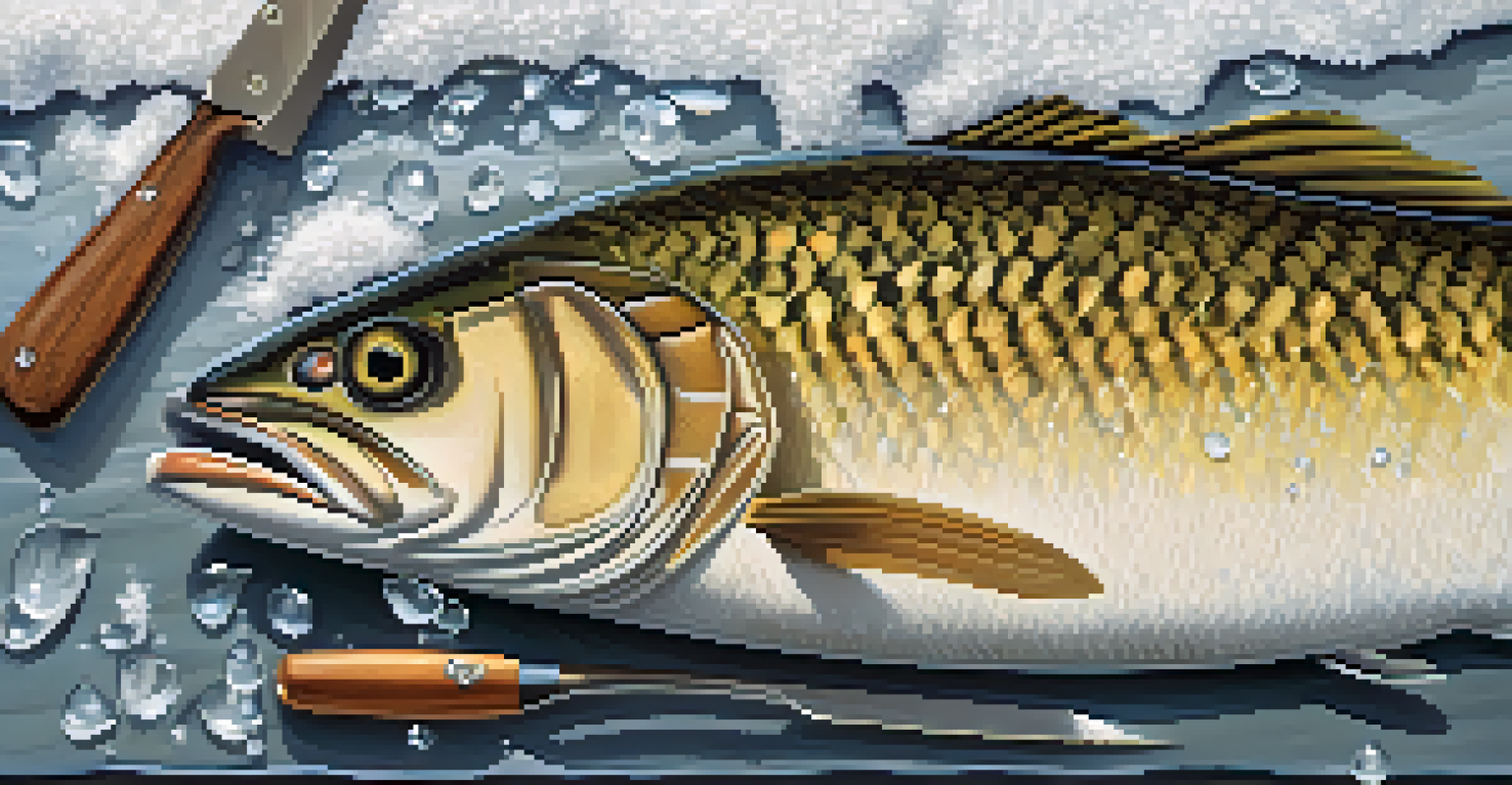 A close-up of a freshly caught fish being cleaned on a wooden table outdoors, with ice fishing gear and snow-covered trees in the background.
