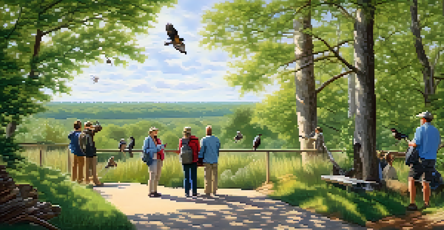 A birdwatching trail with people observing birds in a beautiful natural setting, highlighting community and respect.