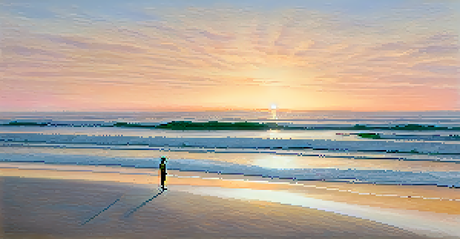 A peaceful beach at dawn with a lone surfer sitting on a board, looking at the horizon.