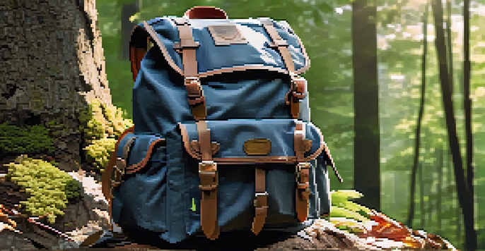 A close-up view of a durable outdoor backpack filled with camping gear, set in a sunlit forest.