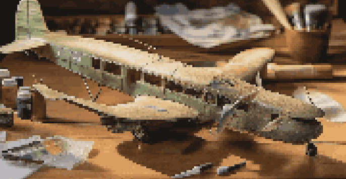 A detailed scale model aircraft on a workbench with tools and paints around it, illuminated by warm lighting.