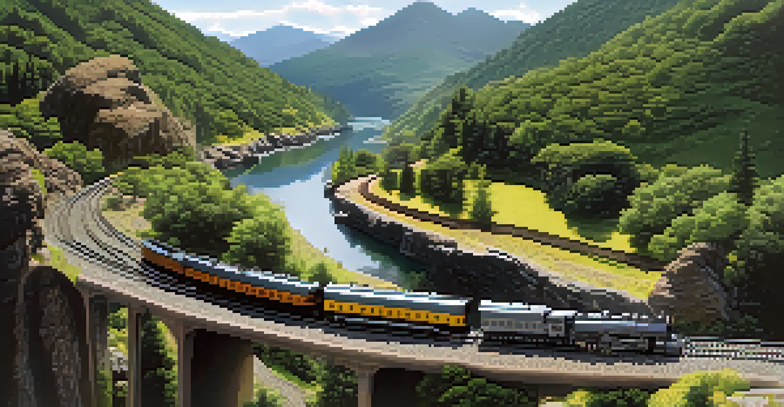 A model railroad layout depicting a mountainous region with a train winding through hills, valleys, and a river.