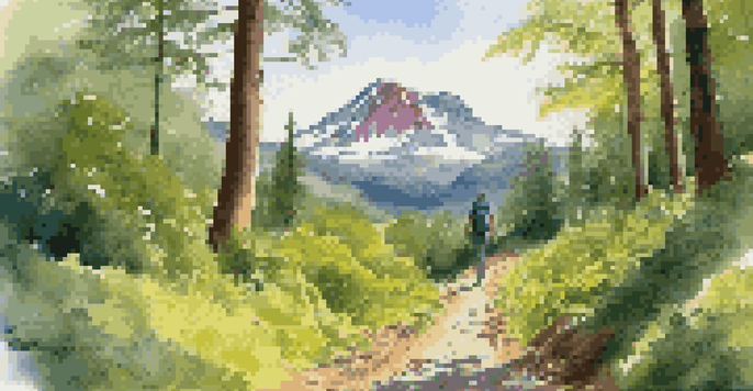A scenic hiking trail in a lush green forest with sunlight filtering through the trees and a hiker in the foreground.