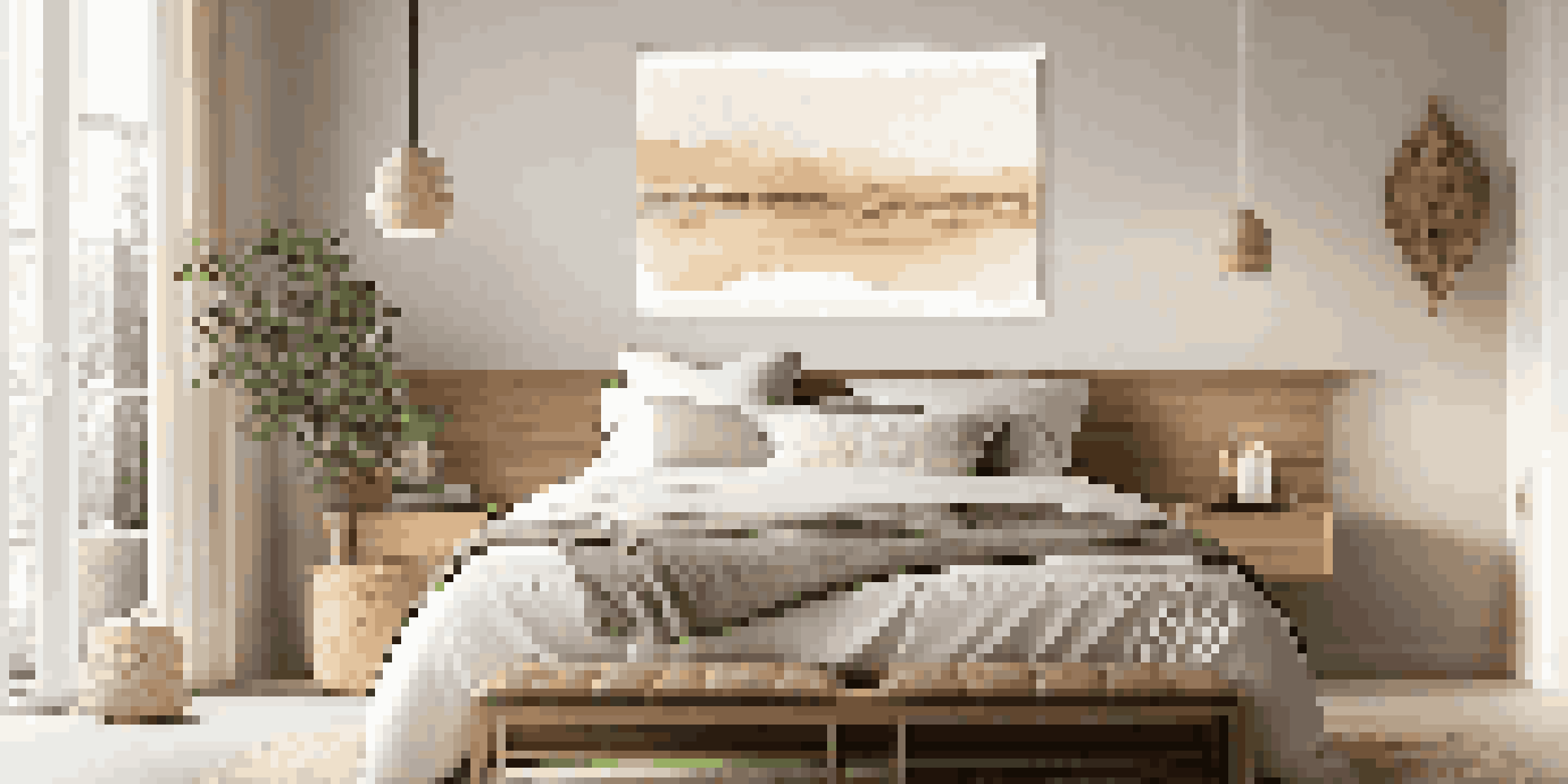 A bedroom with a handmade wall hanging above the bed, soft colors, and peaceful lighting.
