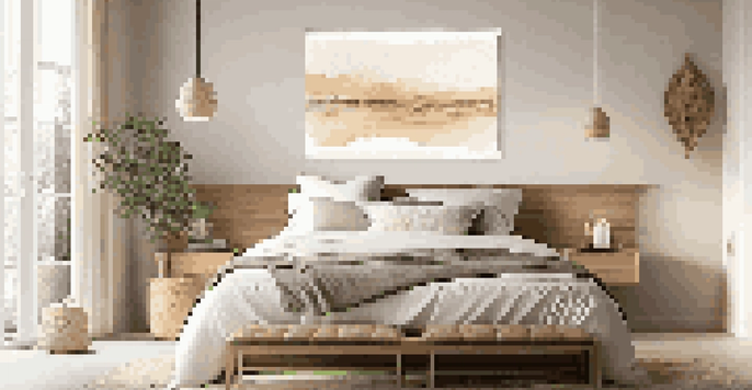 A bedroom with a handmade wall hanging above the bed, soft colors, and peaceful lighting.