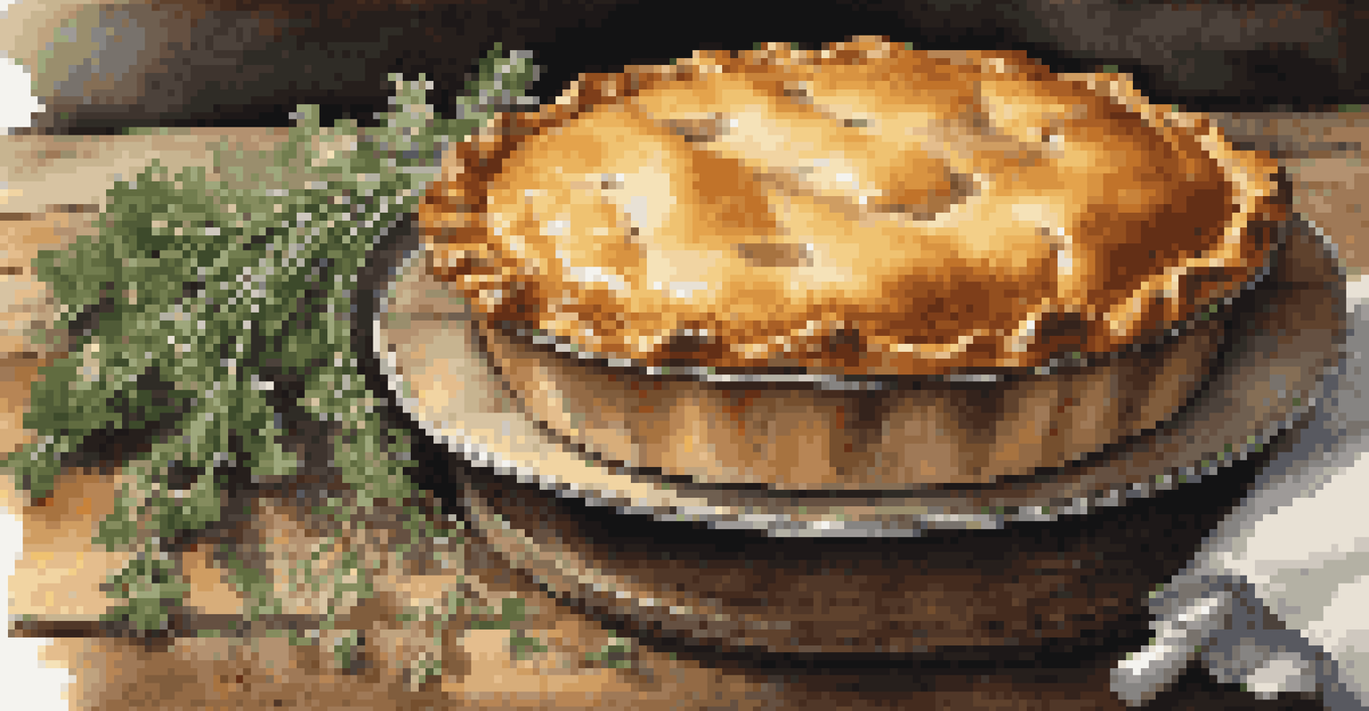 A Victorian-era meat pie displayed on a rustic table, surrounded by fresh herbs and vegetables.