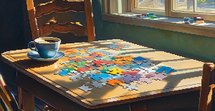 A wooden table with a partially completed jigsaw puzzle and colorful pieces, accompanied by a steaming cup of coffee, illuminated by sunlight.