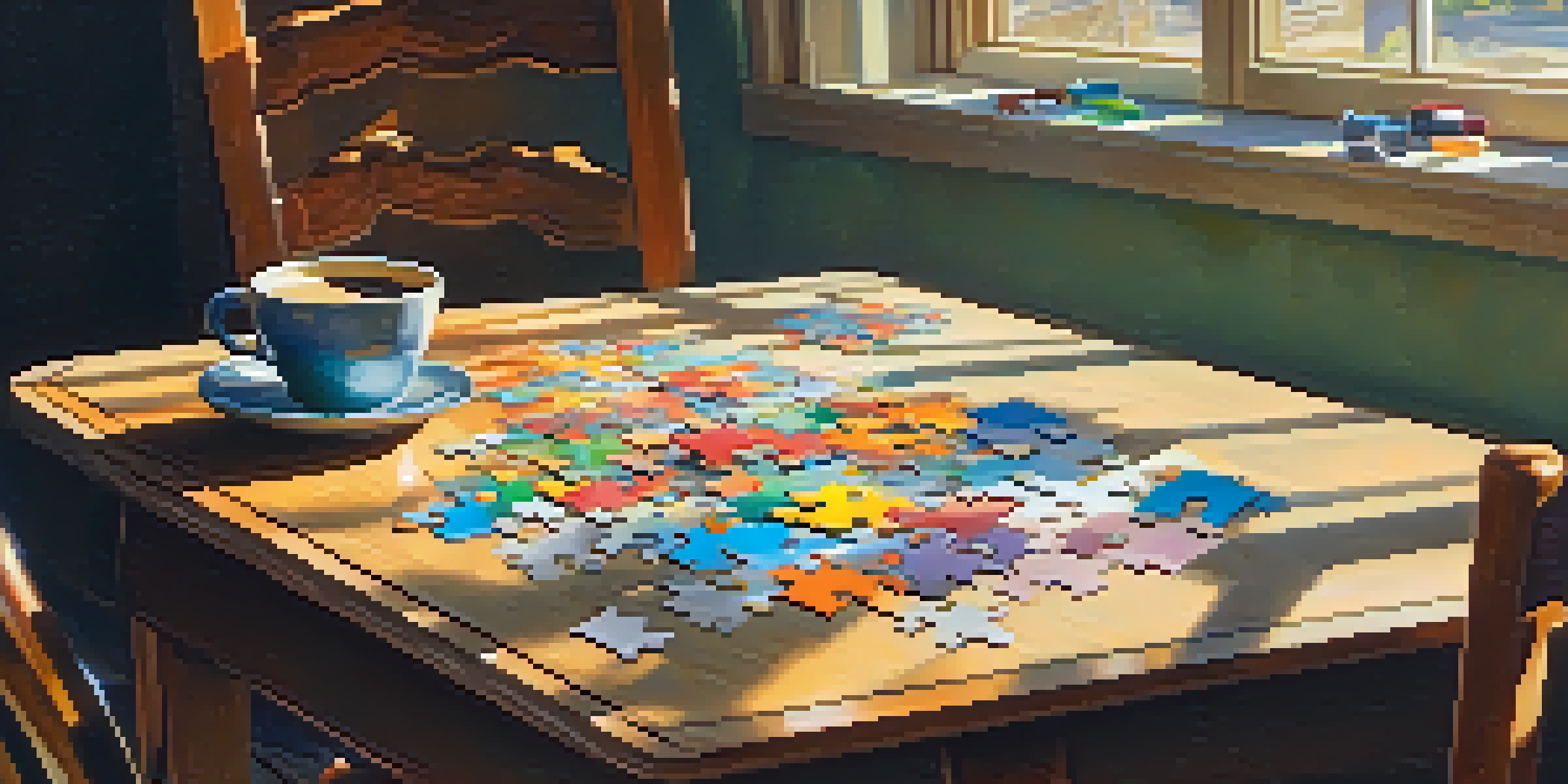 A wooden table with a partially completed jigsaw puzzle and colorful pieces, accompanied by a steaming cup of coffee, illuminated by sunlight.
