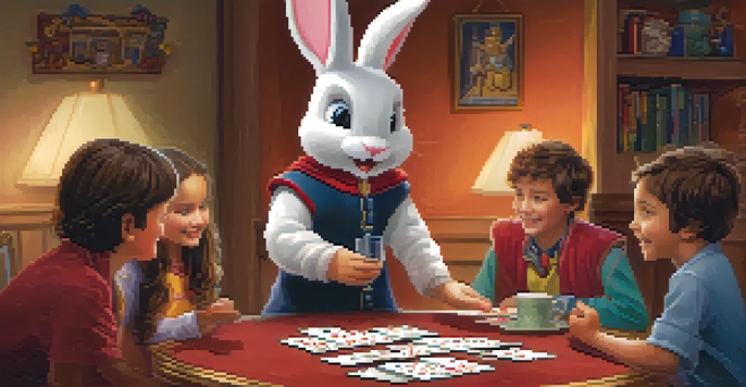 A young child dressed as a magician performs a card trick for friends in a warmly lit living room, surrounded by decorations and a plush rabbit toy.