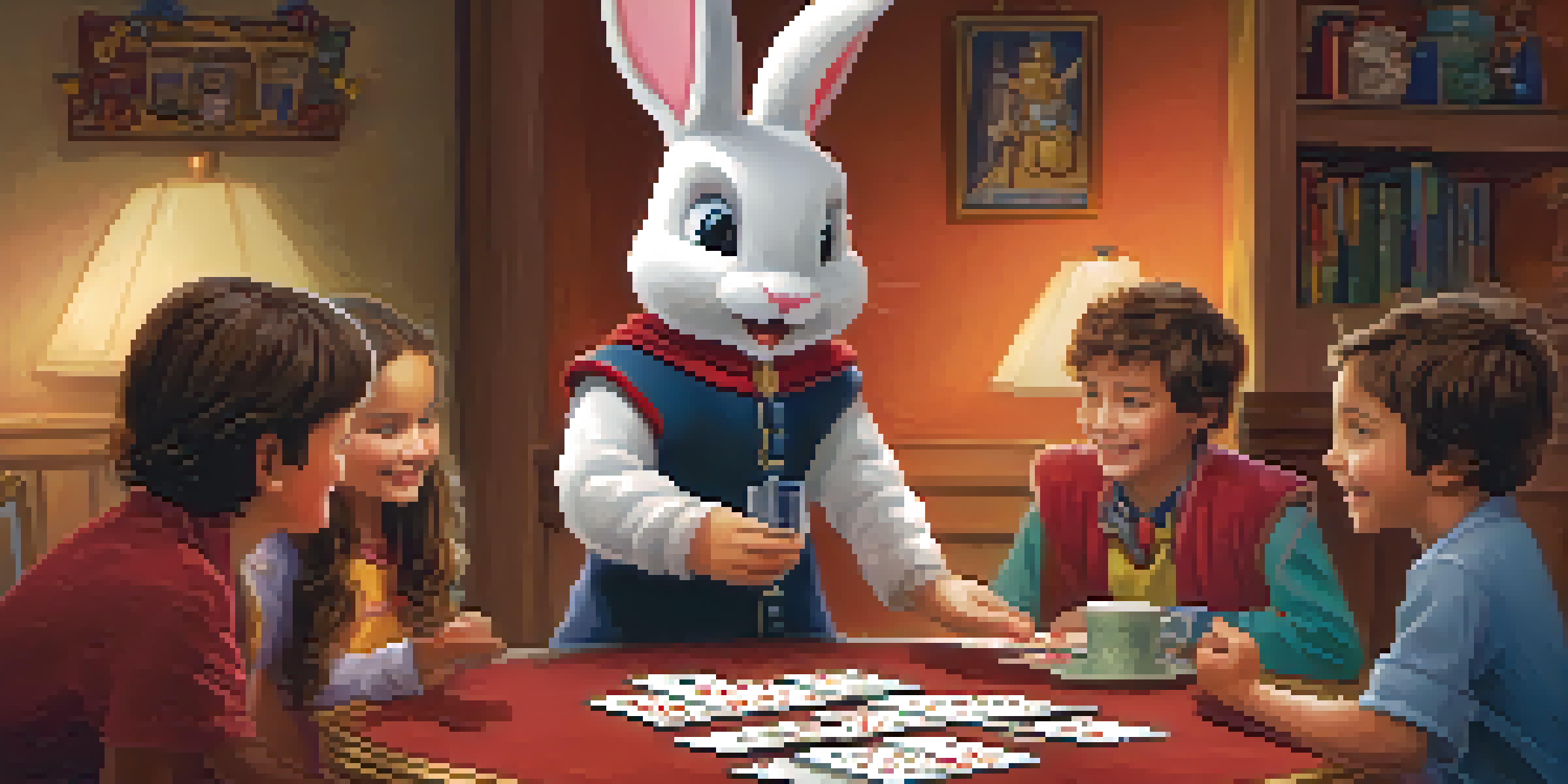 A young child dressed as a magician performs a card trick for friends in a warmly lit living room, surrounded by decorations and a plush rabbit toy.