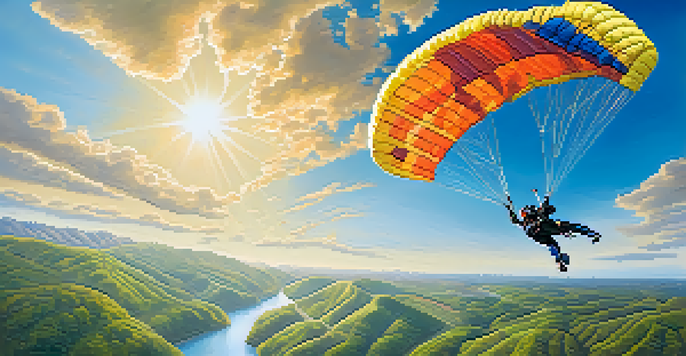 A skydiver freefalling from a plane with a parachute opening against a sunny sky and a scenic landscape below.