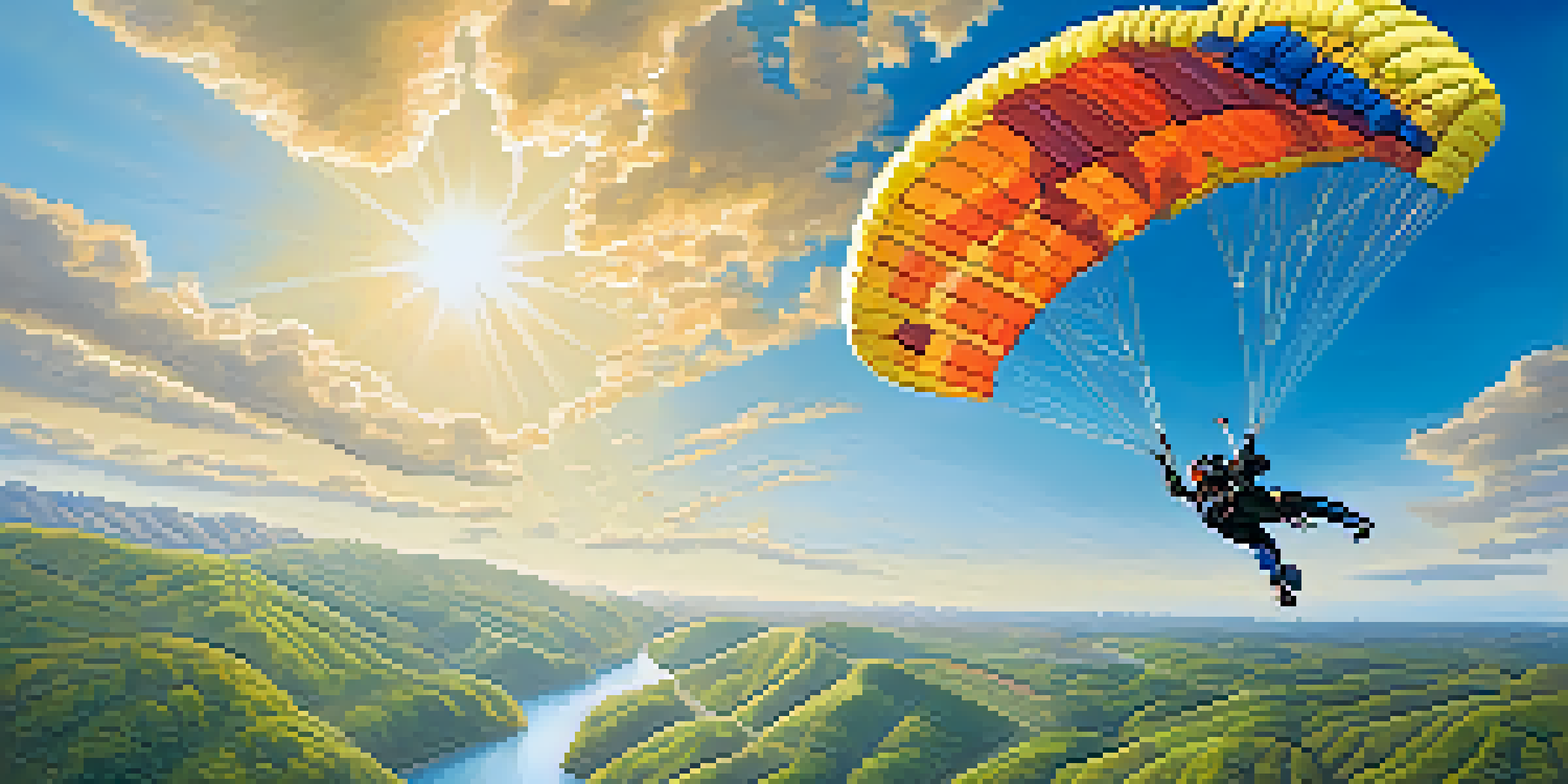 A skydiver freefalling from a plane with a parachute opening against a sunny sky and a scenic landscape below.