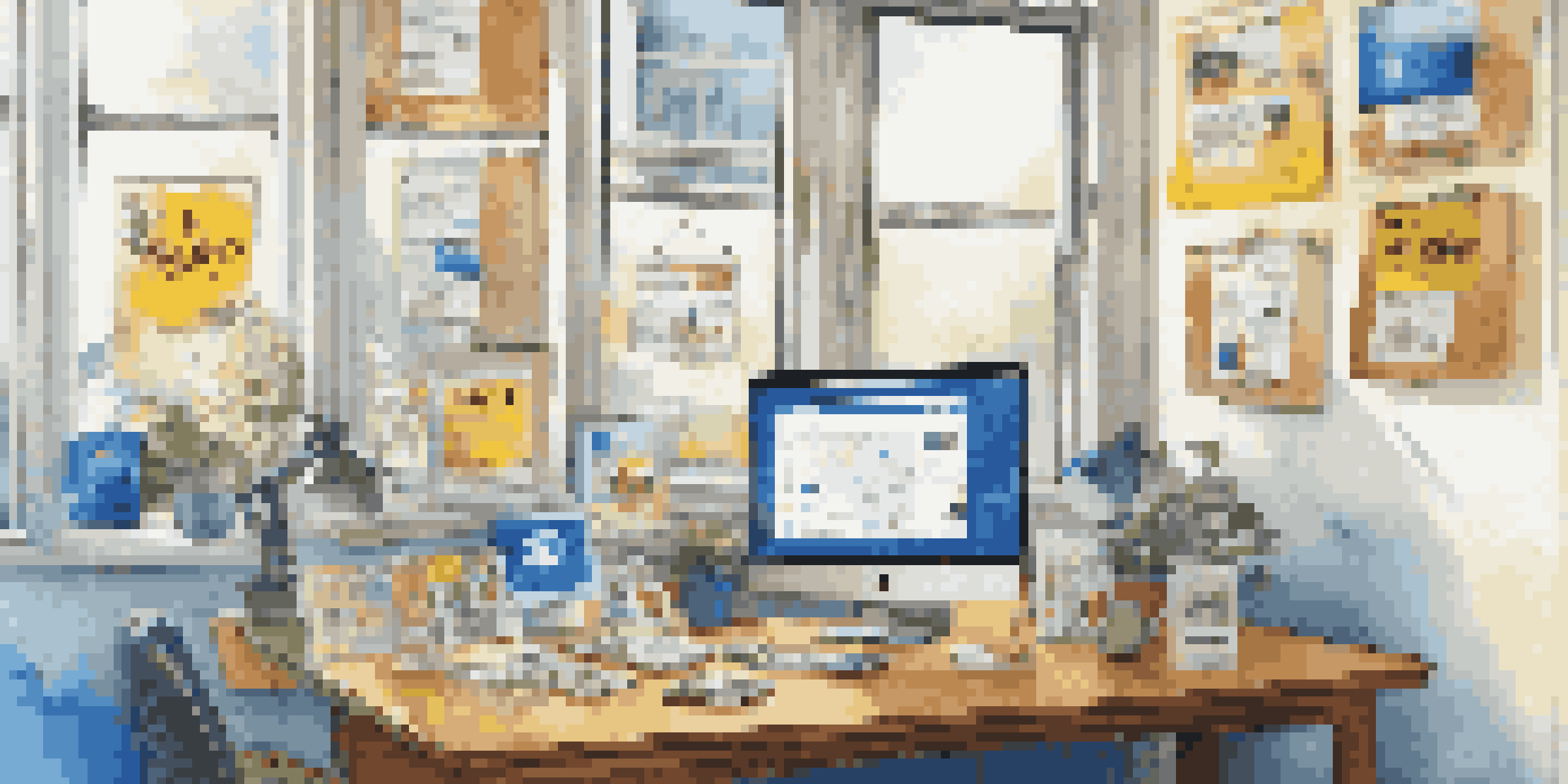 A bright marketing workspace with a computer displaying colorful graphics, printed flyers, and a coffee cup, illuminated by natural light.