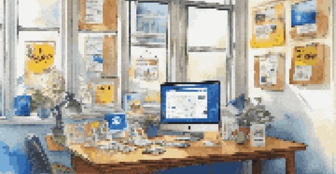 A bright marketing workspace with a computer displaying colorful graphics, printed flyers, and a coffee cup, illuminated by natural light.