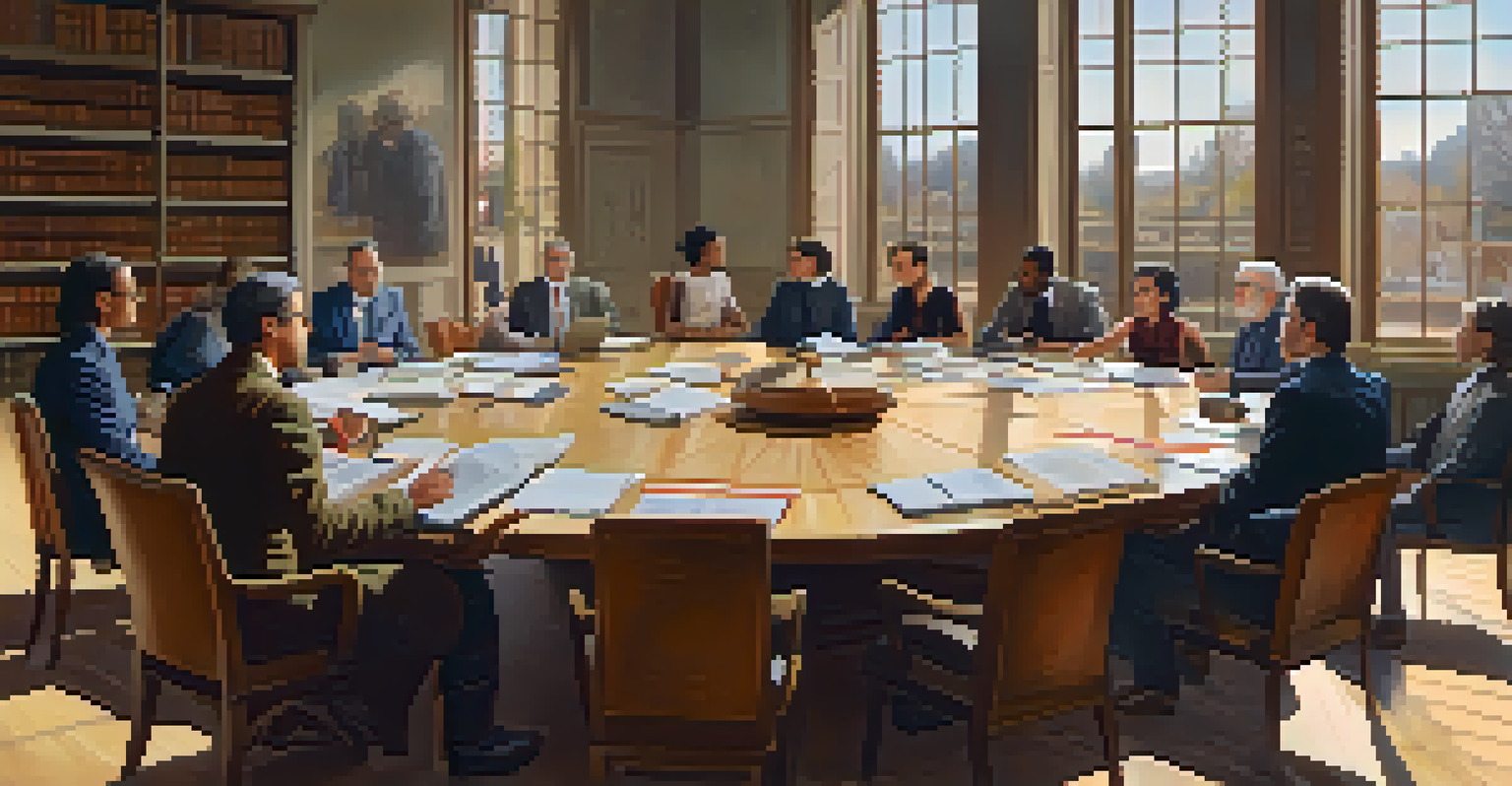A diverse group of historians engaged in discussion at a round table filled with books and laptops in a well-lit modern room.