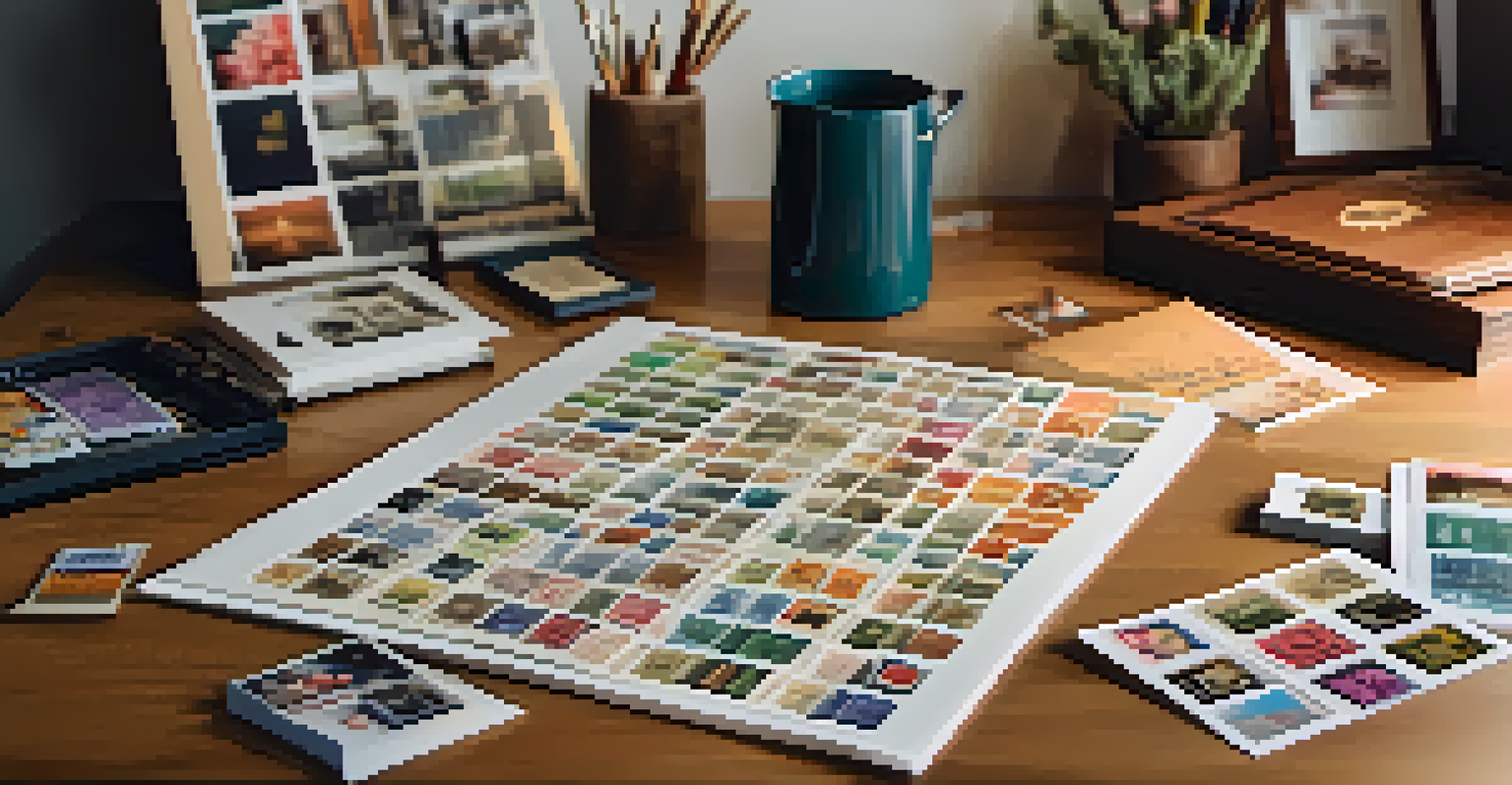 A creative workspace with personalized postage stamps, envelopes, a photo album, and art supplies, illuminated by warm lighting.