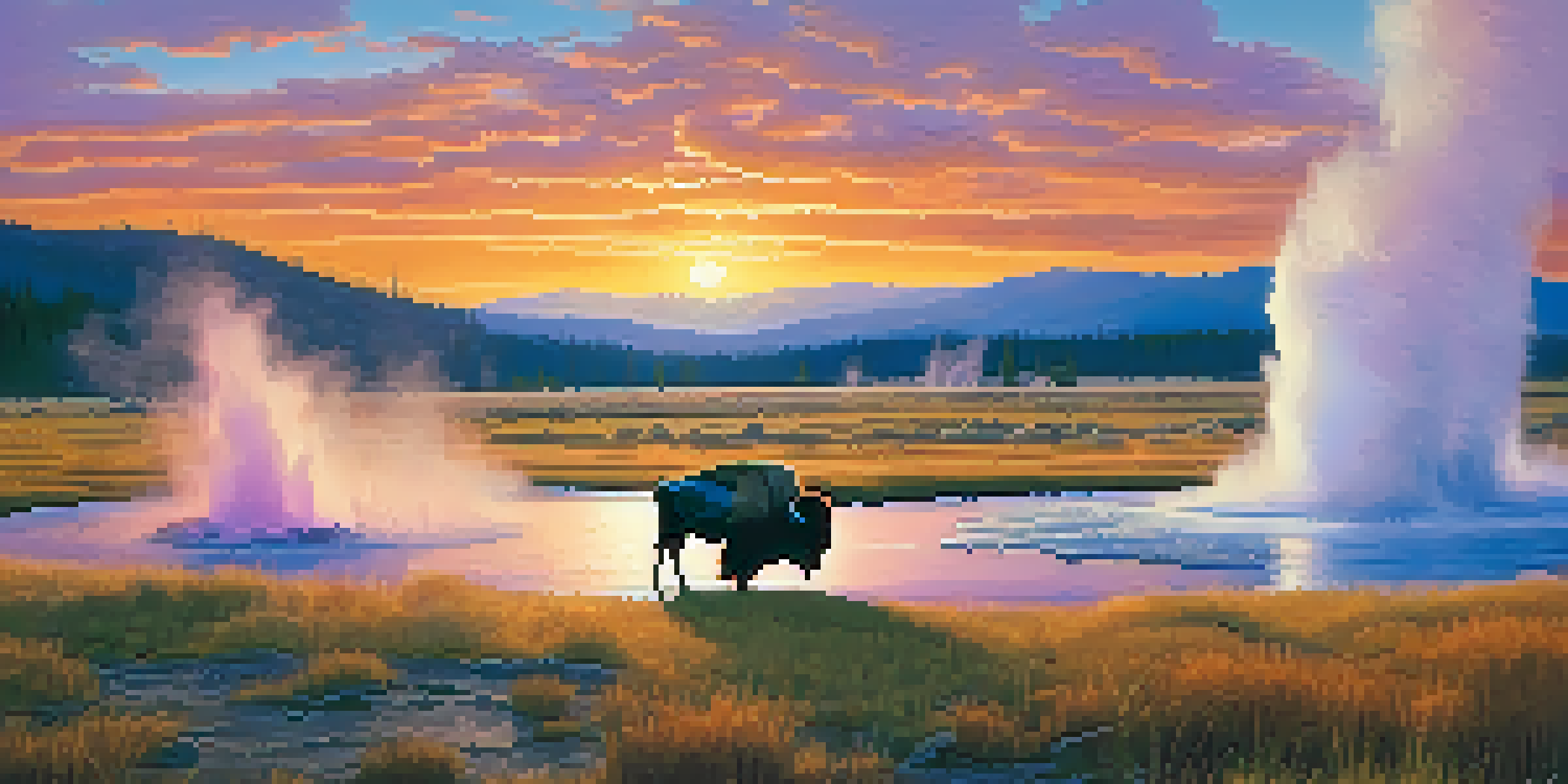 A sunset view of Yellowstone National Park with a geyser and bison in the foreground.