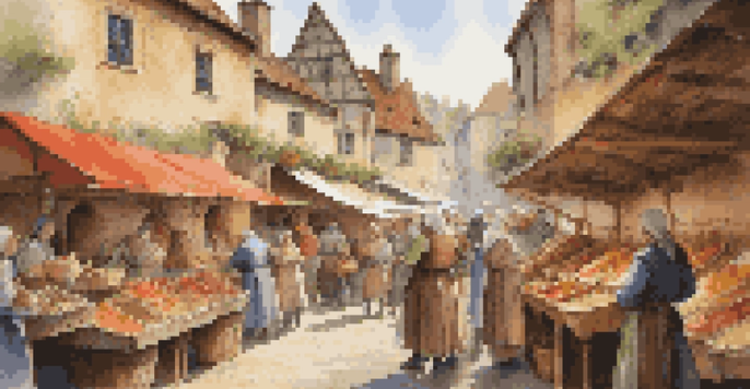 A lively medieval market with reenactors in period clothes, sharing food with spectators, surrounded by colorful stalls and fresh produce.