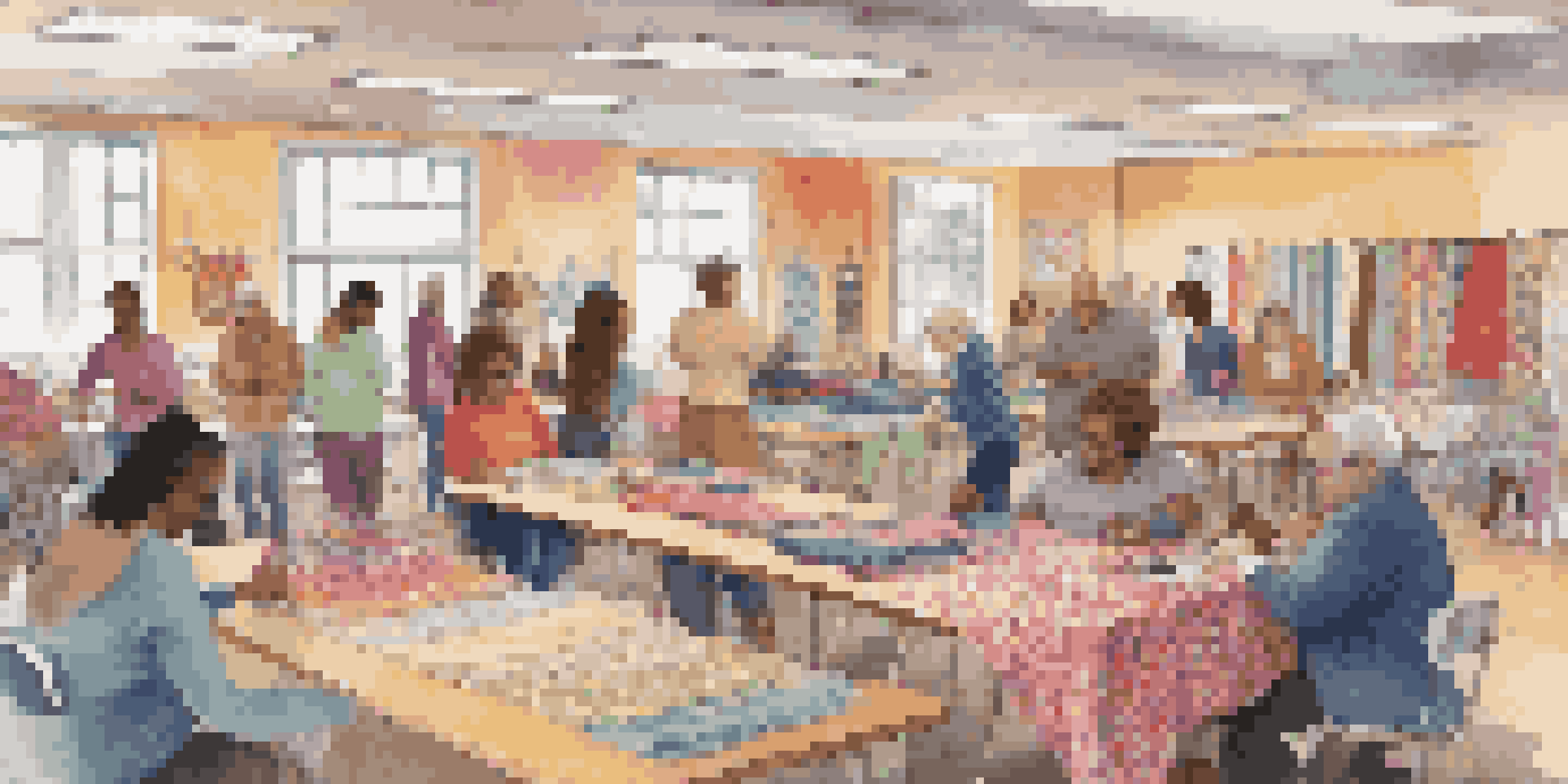 A lively fabric swap event with diverse participants exchanging colorful fabrics in a cozy setting.