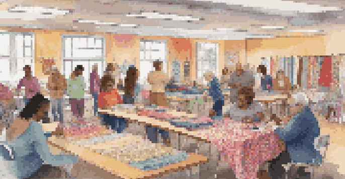 A lively fabric swap event with diverse participants exchanging colorful fabrics in a cozy setting.